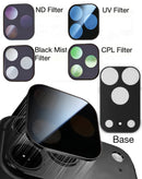 Kit de filtros magnéticos para cámara iPhone 17 Pro Max negro, ideal para fotografía profesional móvil.