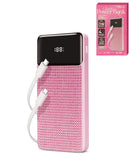 Batería portátil Brookstone rosa de 10000mAh con cable integrado y pantalla LCD de carga.
