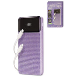 Power Bank Brookstone morado de 10000mAh con display LCD y cable incorporado para carga rápida.