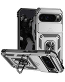 Protege tu Google Pixel 9 Pro XL con este case híbrido de doble capa con anillo de metal y protector de cámara plateado en Xela Quetzaltenango.