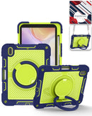 Funda multi-funcional resistente azul marino para iPad 10/11 con soporte giratorio y correa de hombro.