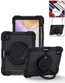 Funda robusta negra para iPad 10 2022 con soporte giratorio 360 y correa de hombro ajustable.