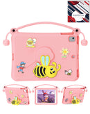 Funda antigolpes rosa para iPad, diseño infantil con soporte de asa de abeja, compatible con varios modelos.