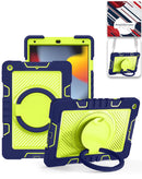 Estuche robusto azul marino para iPad con soporte giratorio, correa de hombro y protección completa.