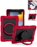 Estuche robusto rojo SlowBack para iPad con soporte giratorio y correa de hombro.
