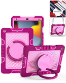 Funda robusta SlowBack rosa fuerte para iPad 9.7", con soporte giratorio y correa de hombro ajustable.