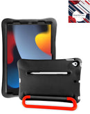 Funda infantil negra para iPad 10.2 con soporte giratorio y asa, protección resistente a golpes.