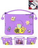 Funda antigolpes morada para iPad, diseño de abeja con alas y antenas, con soporte integrado.