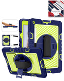 Funda 360 azul marino para iPad con correa giratoria, soporte integrado y correa de hombro.