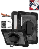 Funda negra SlowBack para iPad con correa de hombro, mano giratoria 360 y soporte plegable.