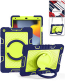 Estuche multi-funcional resistente SlowBack azul marino para iPad 10.2, con base giratoria y correa de hombro.
