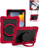 Funda roja robusta para iPad con soporte giratorio, correa de hombro y protección contra caídas.