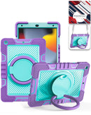 Funda robusta SlowBack morada para iPad 10.2 con soporte giratorio y correa de hombro, protección completa.