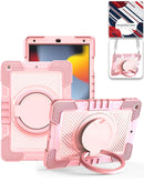 Funda multi-funcional rosa resistente para iPad 10.2 con soporte giratorio y correa de hombro.