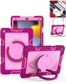 Estuche resistente SlowBack rosa intenso para iPad 10.2 con soporte giratorio y correa de hombro.