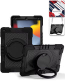 Funda robusta negra para iPad 10.2 con soporte giratorio y correa de hombro ajustable, ideal para trabajo.
