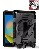 Funda anti-shock negra para iPad 10.2 con correa giratoria de mano, correa de hombro y soporte tablet.