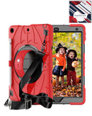 Funda robusta SlowBack roja para iPad 7ma, 8va o 9na generación con soporte giratorio y correa de hombro.