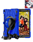 Funda robusta azul para iPad 10.2 con soporte giratorio, correa de hombro y protección contra caídas.