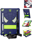 Funda robusta SpiderGrip azul marino y verde para iPad con soporte y correa de hombro.