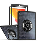 Funda híbrida de cuero negro para iPad con borde colorido, PC dura, TPU suave y soporte I-ring.