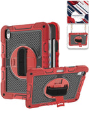 Funda roja para iPad 10.9" / 11" con correa de mano giratoria 360, soporte de pie y hombro.