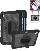 Funda giratoria 360 negra para iPad 10 (10.9") / iPad 11 con correa de mano y hombro, soporte integrado.