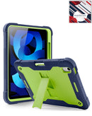 Funda TriShield verde para iPad 10/11 con soporte integrado, protección robusta y acceso a puertos.