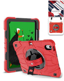 Funda robusta roja para iPad 10.9" (10ma gen.) con soporte giratorio y correa de hombro ajustable.