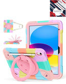 Funda antichoque rosa y colorida para iPad 10/11 con soporte y ranura para lápiz, vista frontal.