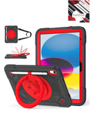 Estuche antigolpes heavy duty negro y rojo para iPad con soporte integrado y ranura para lápiz.