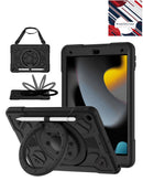 Estuche negro resistente antigolpes para iPad 10.2 con soporte y ranura para lápiz, vista frontal.