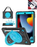Funda antimpacto heavy duty negra y azul para iPad 10.2 con soporte integrado y ranura para lápiz.