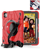 Funda rugged roja SlowBack para iPad Pro 11 (2024/2025) con soporte giratorio y correa de hombro.