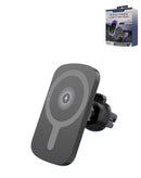 Soporte de carga inalámbrica MagSafe negro de 15W, con base circular y brazo angular para iPhone.