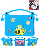 Funda tablet infantil a prueba de golpes SlowBack, azul marino, con soporte de abeja amarillo.