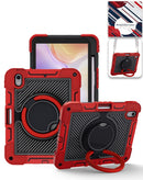 Funda protectora roja para iPad Mini 6/7 con correa de hombro y base giratoria 360 grados, resistente a golpes.