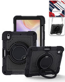 Funda negra resistente para iPad Mini 6/7 con soporte giratorio 360°, correa de hombro y protección contra caídas.