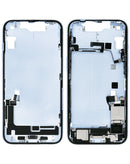 Tapa trasera azul brillante con puerto de carga flex para iPhone 14, ideal para reparación de celular.