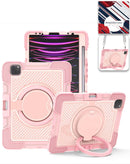 Case robusto rosa para iPad Pro 13 (2024/2025) con soporte giratorio y correa de hombro.