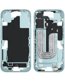 Marco medio teal para iPhone 16 con botón de captura y piezas pequeñas para reparación.
