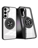 Funda transparente para Samsung Galaxy S23 Plus con soporte de anillo negro, compatible con carga inalámbrica.