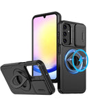 Protege tu Galaxy S25 con esta funda negra con soporte circular y tapa deslizante para lente en Quetzaltenango.