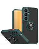 Tapa trasera Dark Green Hard PC para Galaxy S26 con borde colorido y soporte de anillo integrado.