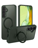 Funda verde de carbono para Samsung Galaxy S26 con carga inalámbrica y soporte de anillo integrado.