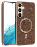 Funda brillante dorada con cristales de diamante para Samsung Galaxy S26, compatible con carga inalámbrica.