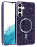 Carcasa trasera morada Galaxy S26 con carga inalámbrica, diamantes de cristal brillantes para protección elegante.