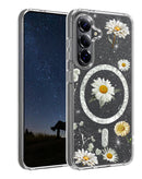 Funda magnética floral para Samsung Galaxy S26 Plus plateada, con diseño de flores sutiles.