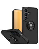 Carcasa trasera rígida negra para Samsung Galaxy S26 Plus con borde colorido y soporte de anillo.