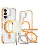 Funda delgada transparente naranja para Galaxy S26 Plus con soporte magnético para cámara SlowBack.